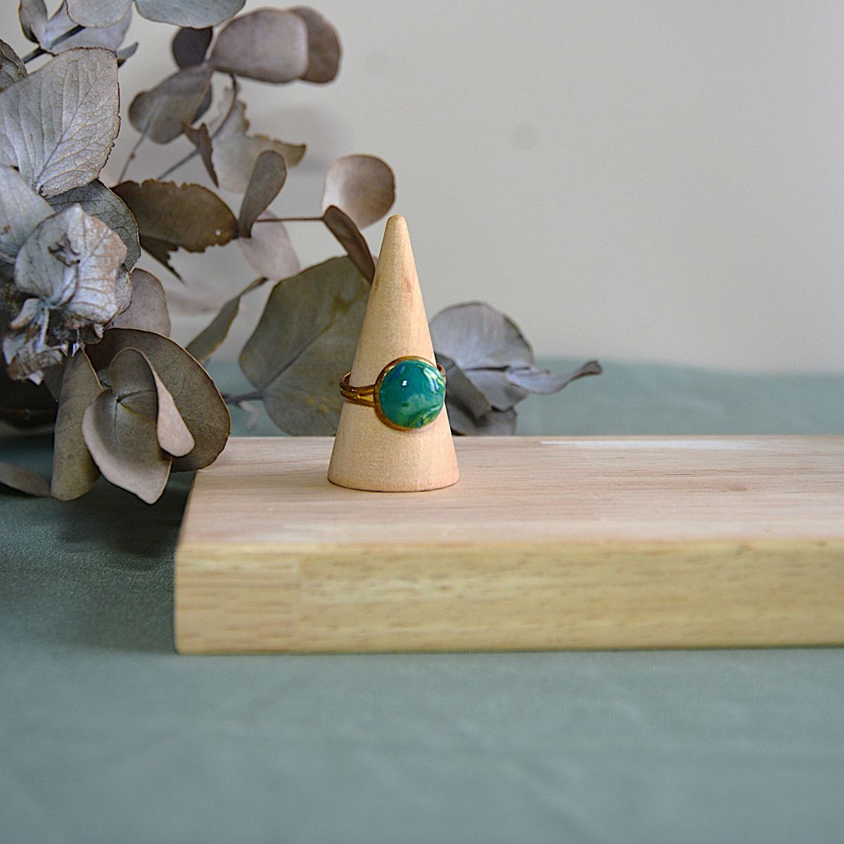 bague ronde effet pierre vert jaune polymère -la fabrique de clem