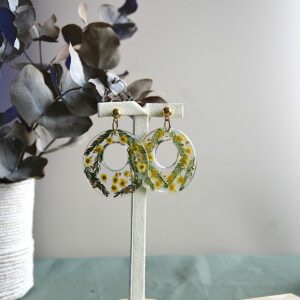 boucle mimosa feuille fleur ronde résine -la fabrique de clem
