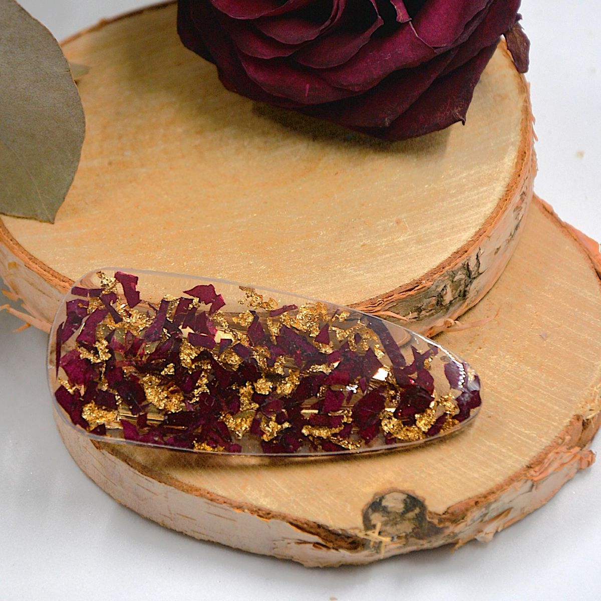 barrette rose rouge résine -la fabrique de clem